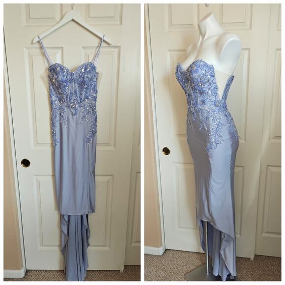 Amelia Couture periwinkle embellished strapless high low gown sz 2 - Picture 3 of 10